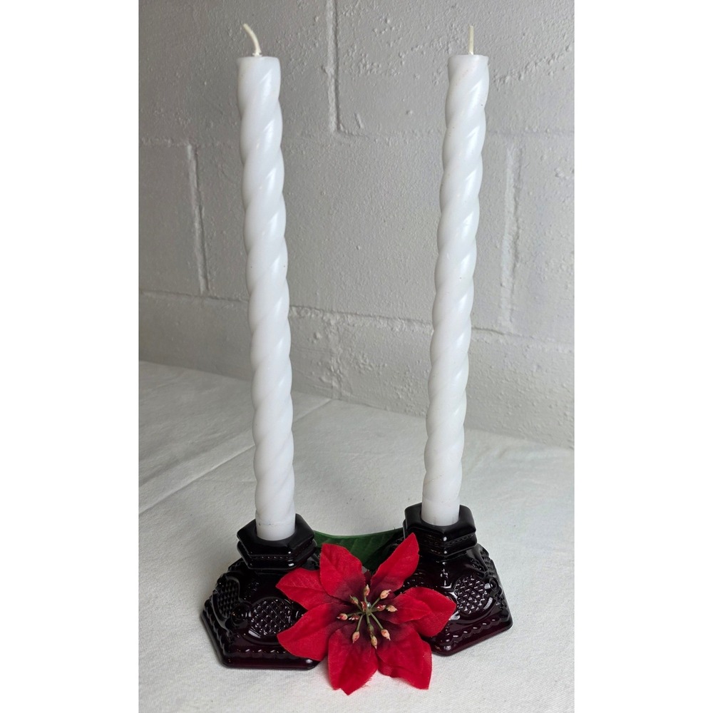 Vintage Red Avon 1876 Cape Cod‎ Collection Candle Holders Christmas Festive